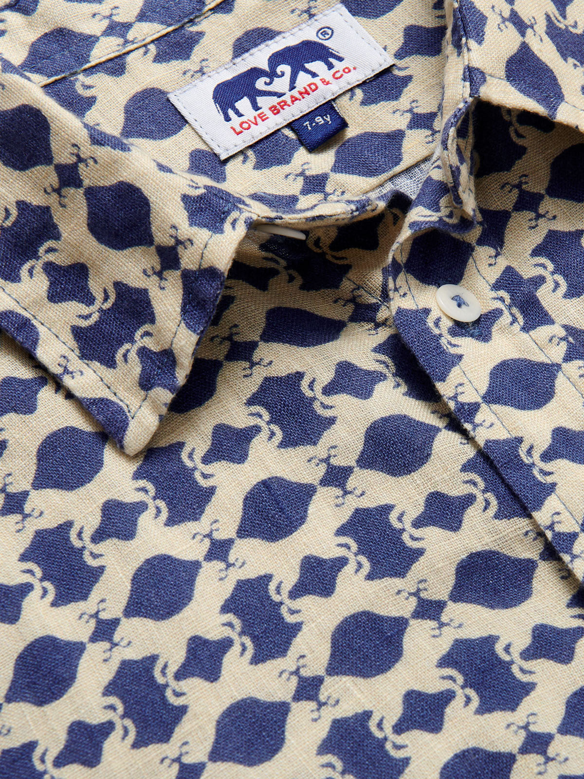 Close-up view of the Boys Eye Of The Tiger Abaco Linen Shirt featuring a Sumatran Tiger and geometric print pattern.