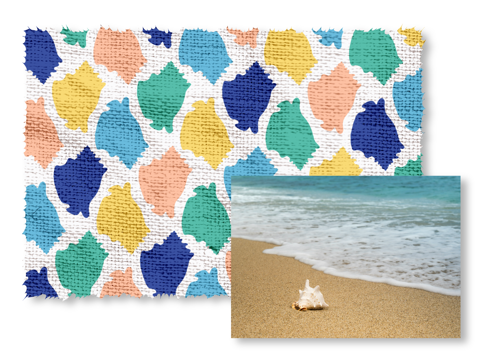 Colourful conch shell patterned fabric with a beach scene featuring a conch shell.