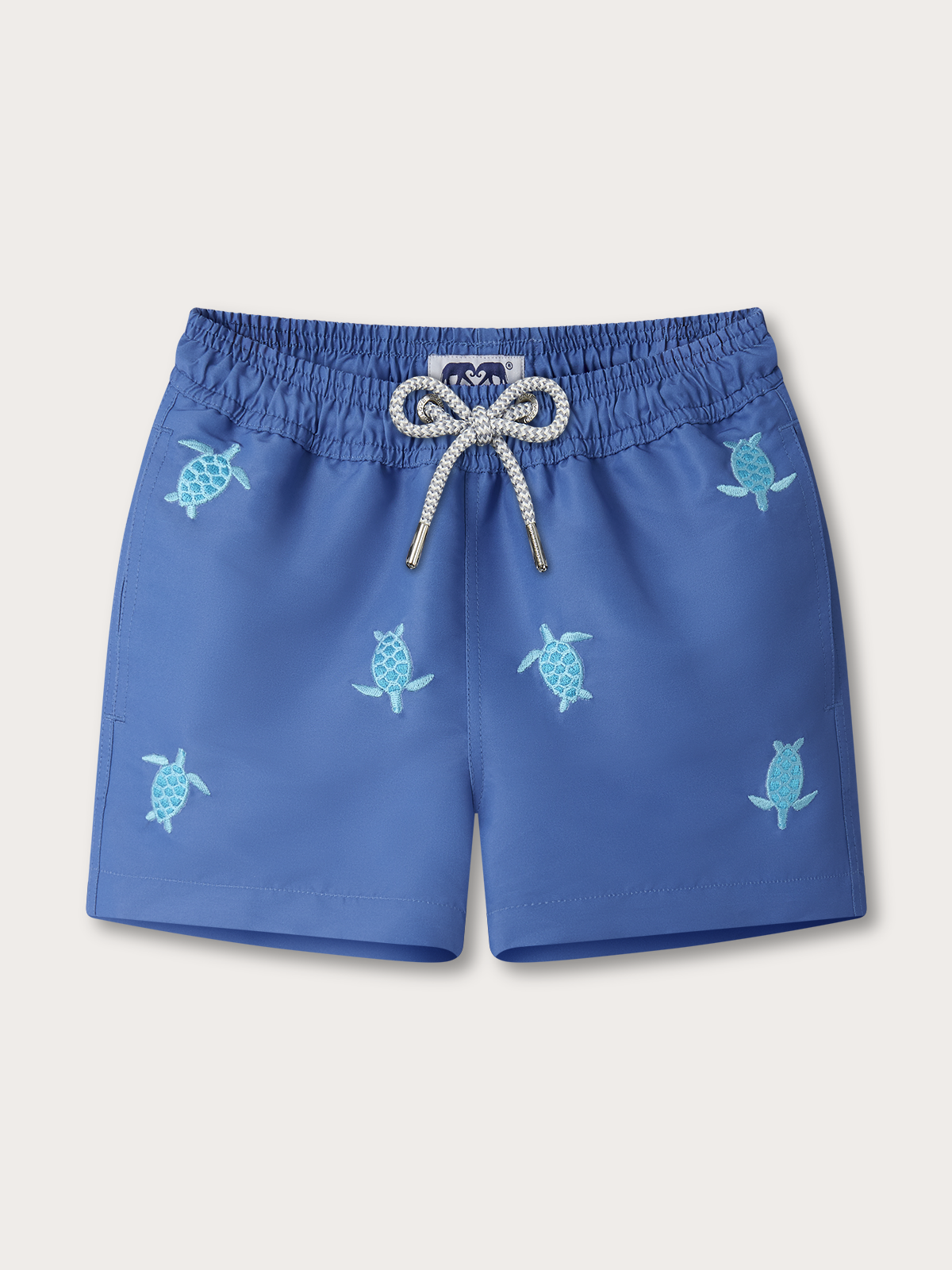 kids blue swim shorts with embroidered blue turtles