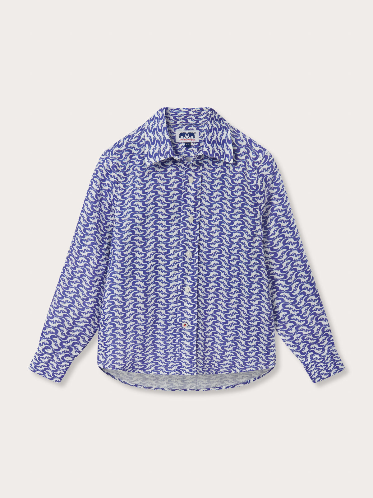Front view of Kids Gecko Island Abaco Linen Shirt. Blue and white patterned 100% linen shirt for kids.