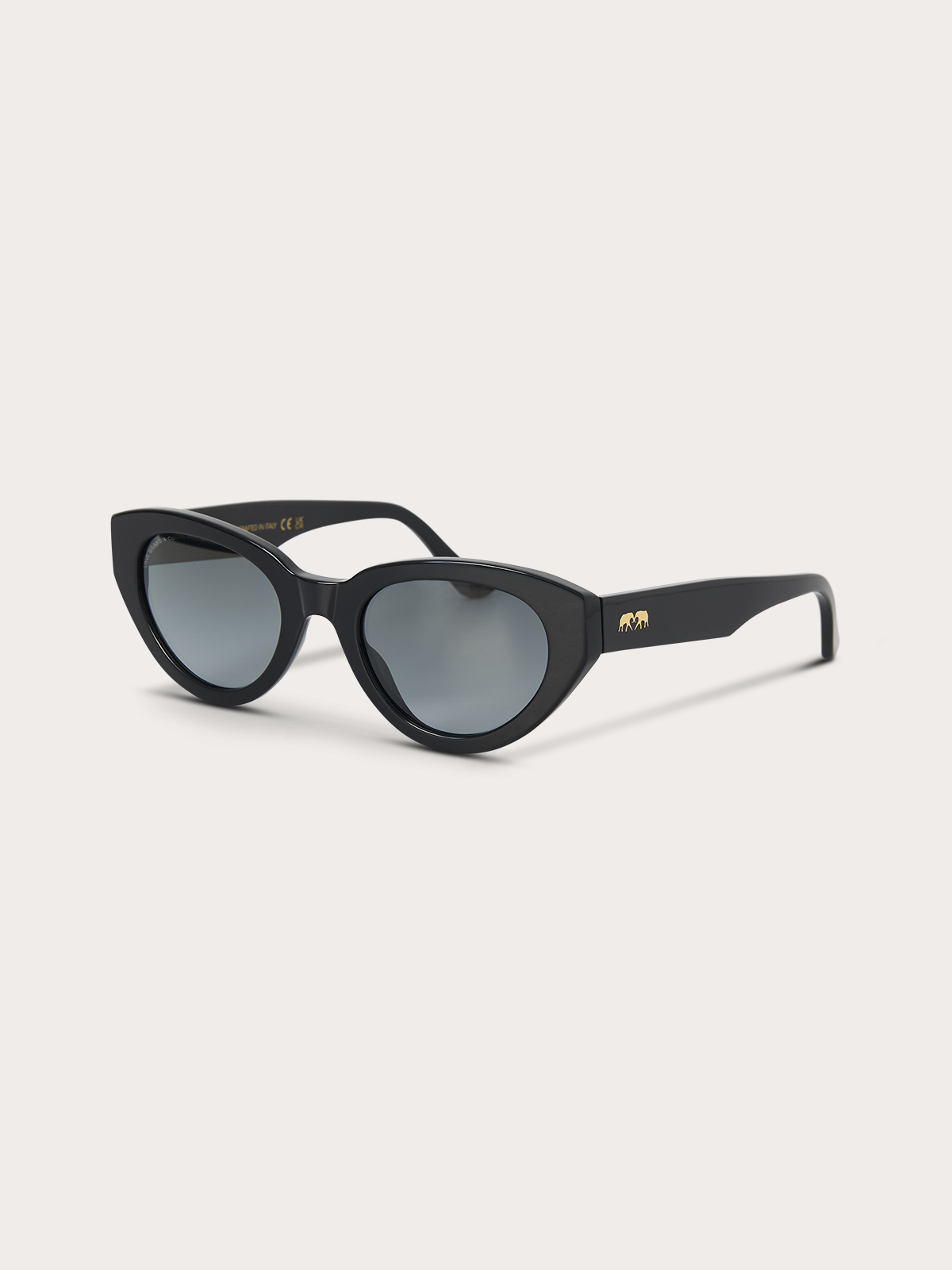 Black cat eye sunglasses with blue lenses on a white background