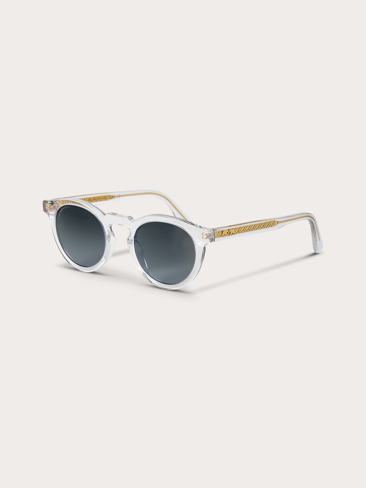 Side view of clear sunglasses with gold accents on a light gray background