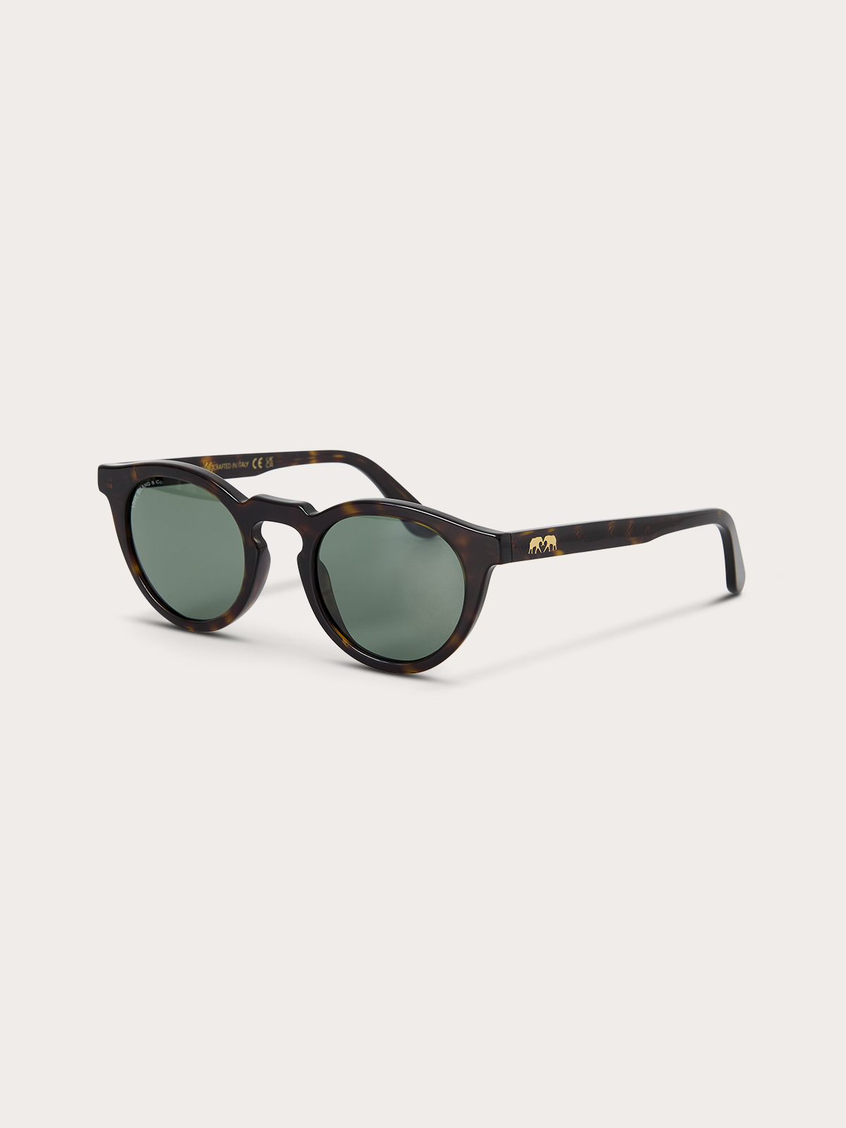 Sideview of tortoiseshell sunglasses with green lenses