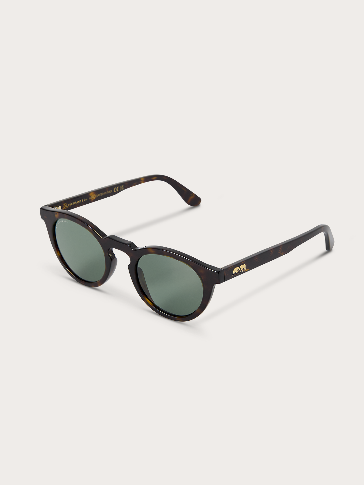 Top down view of sunglasses with tortoiseshell frame and green lenses on a white background