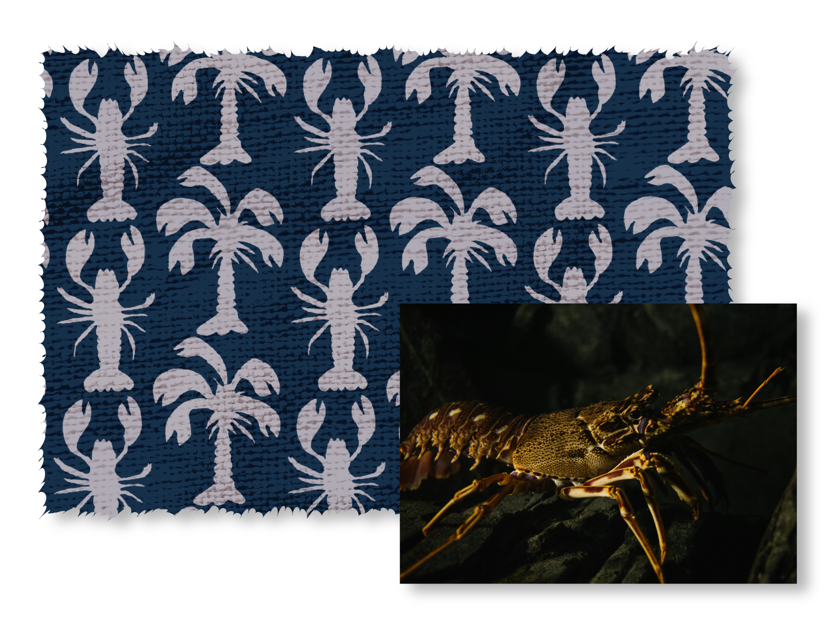 Textile with lobster and palm tree pattern on a blue background, inset with a close-up of a lobster.