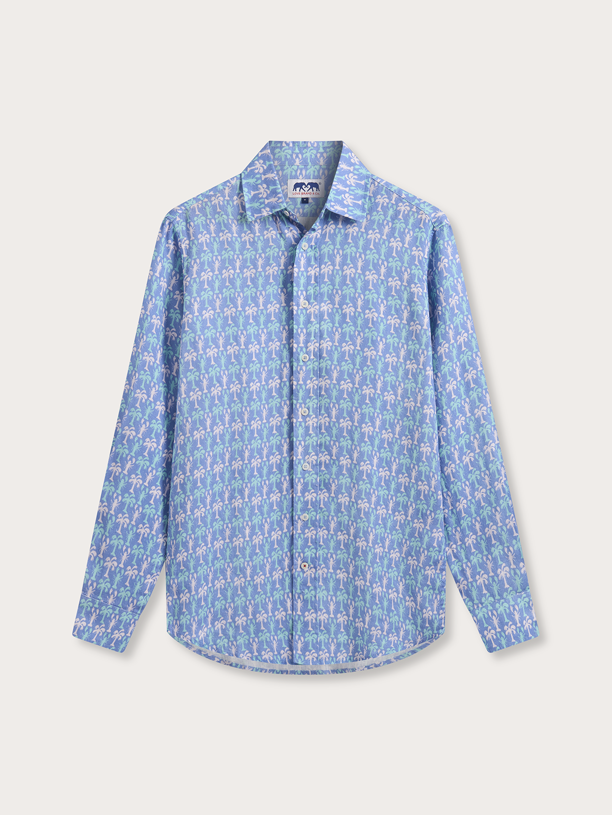 Blue patterned shirt on a light gray background