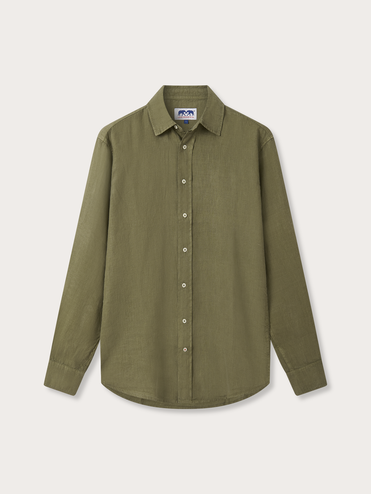 Olive green linen shirt with a button-up design on a light grey background