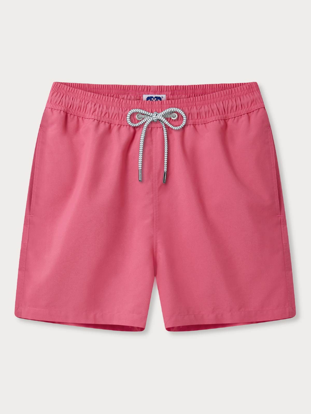 Front view of mens red swimming shorts with pockets and drawstring waist.