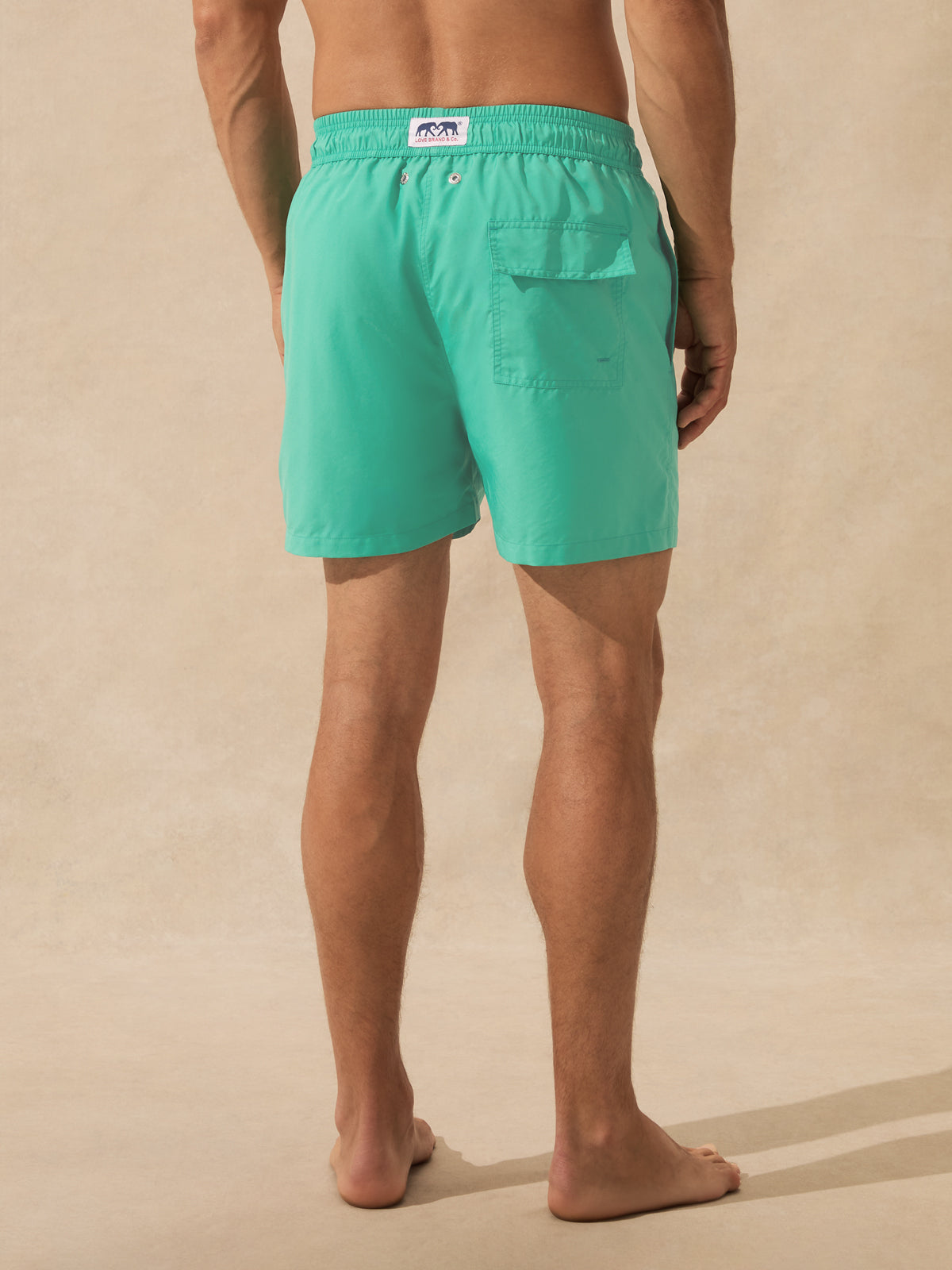 A man wearing turquoise green board shorts, shown from the back against a warm beige textured studio backdrop.