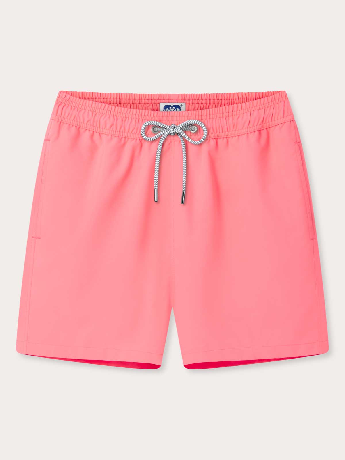 Men's bright pink-red swim shorts with elastic waistband and drawstring. Plain red swim shorts called Watermelon Staniel Swim Shorts