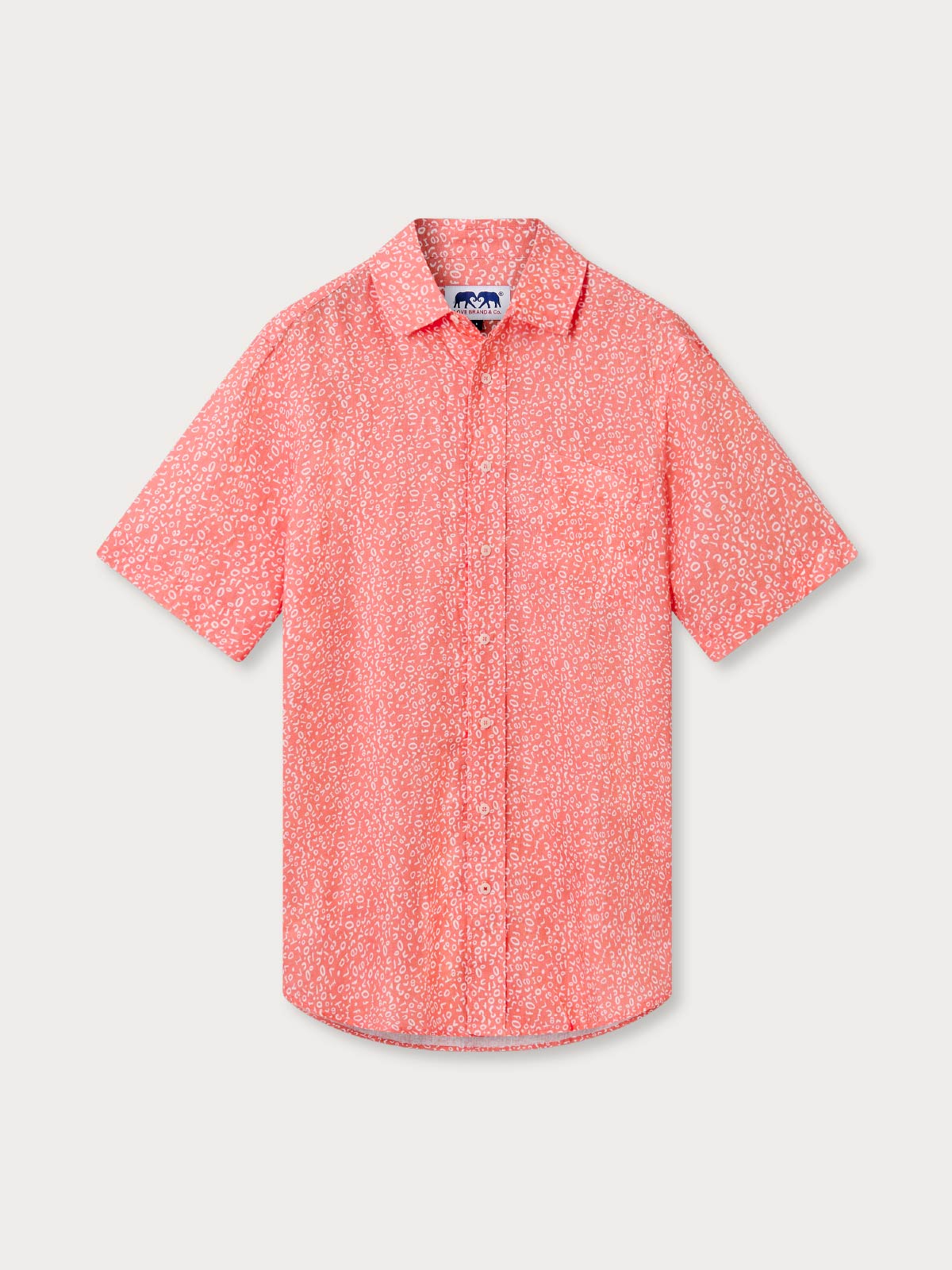 Front view of Men's Code Ray Manjack Linen Shirt. White and red patterned shirt made from linen with short sleeves.