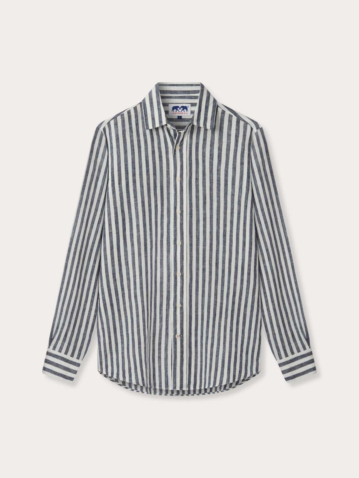 Men's Navy Lines Abaco Linen Shirt with long sleeves and navy blue thin stripes. Old money shirts made from 100% linen.