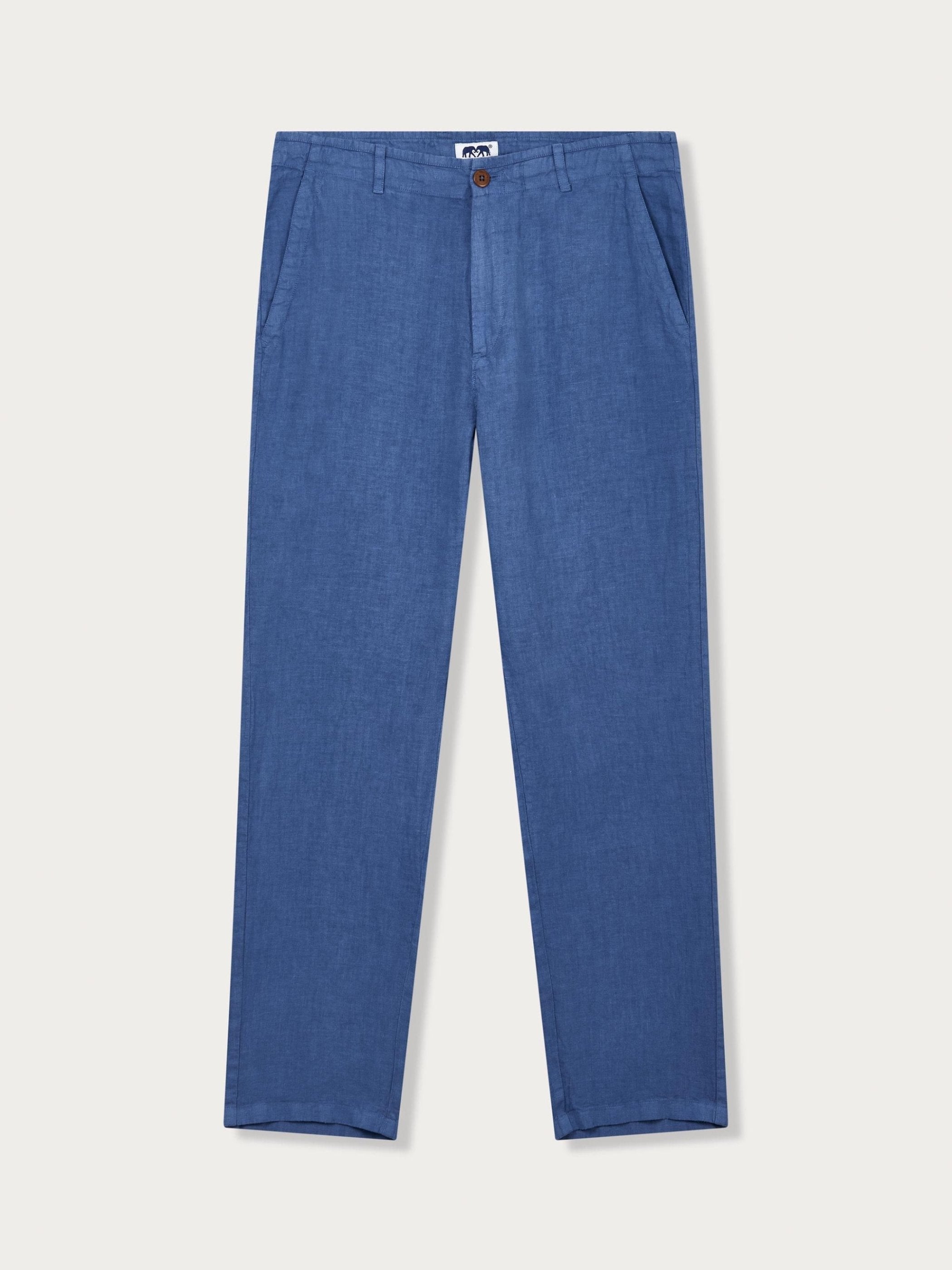 Blue linen trousers mens - front view. Linen trousers men navy with 2 front pockets and corozo nut buttons.