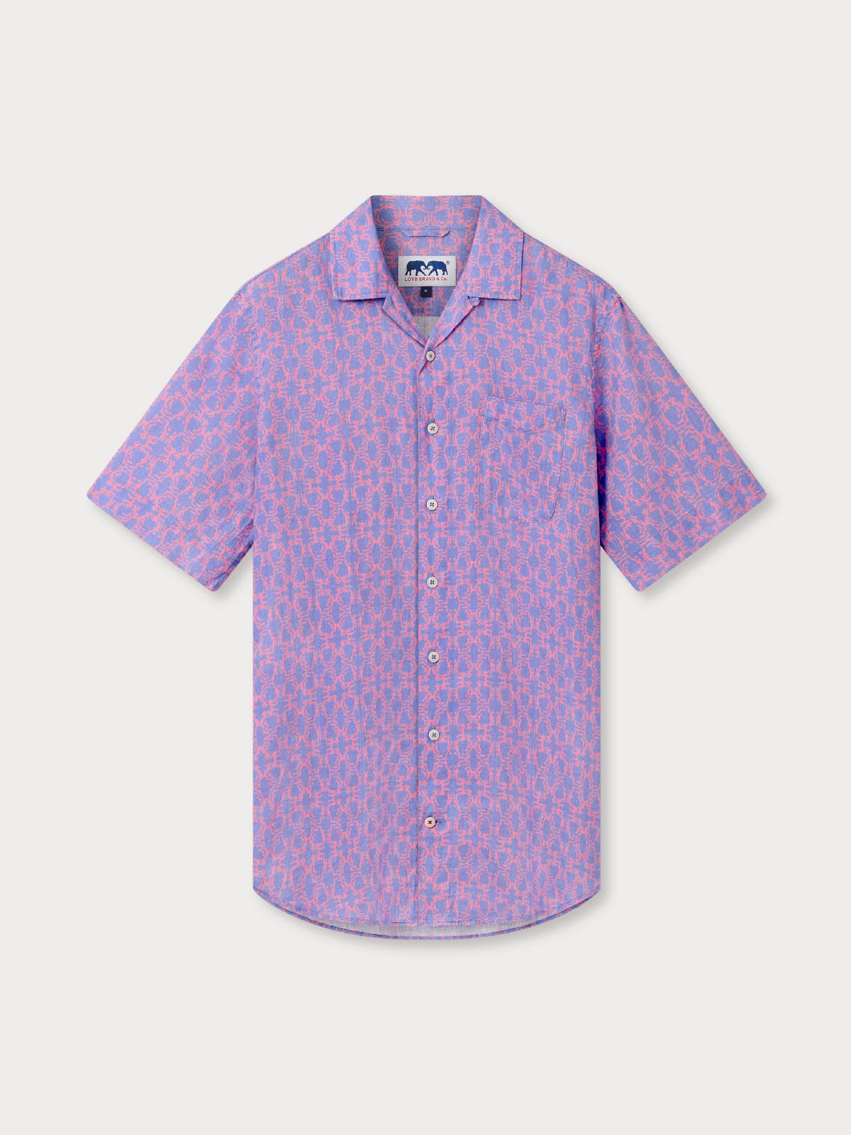 Short-sleeve shirt with a geometric pattern on a light grey background. Purple and pink linen shirt with pocket.