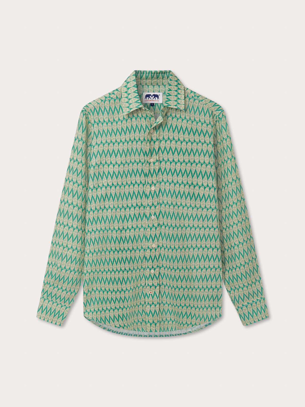 Front view of Men's Paradise Abaco Linen Shirt. Green and gold floral 100% linen shirt with long-sleeves.