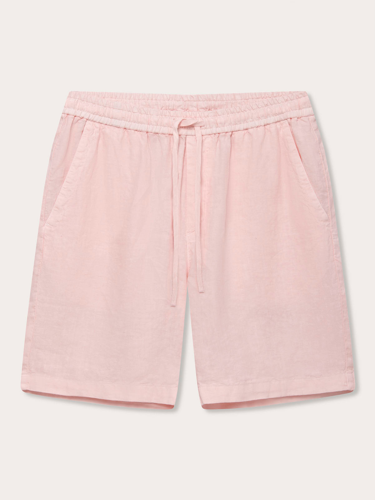 Front view of Men's Pastel Pink Joulter Linen Shorts. mens pastel pink shorts with drawstring waist and 2 handy front pockets made from 100% linen.