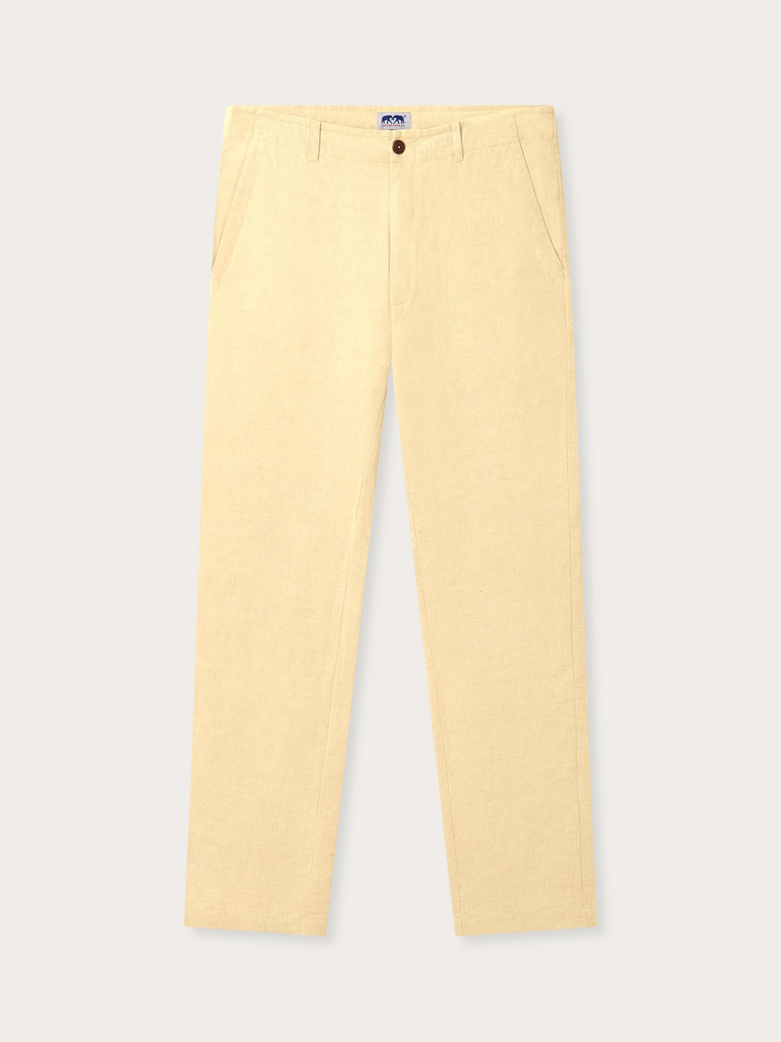 Front view of love brand stone mens trousers. Lightweight and breathable linen clothing for men in a natural stone colour.