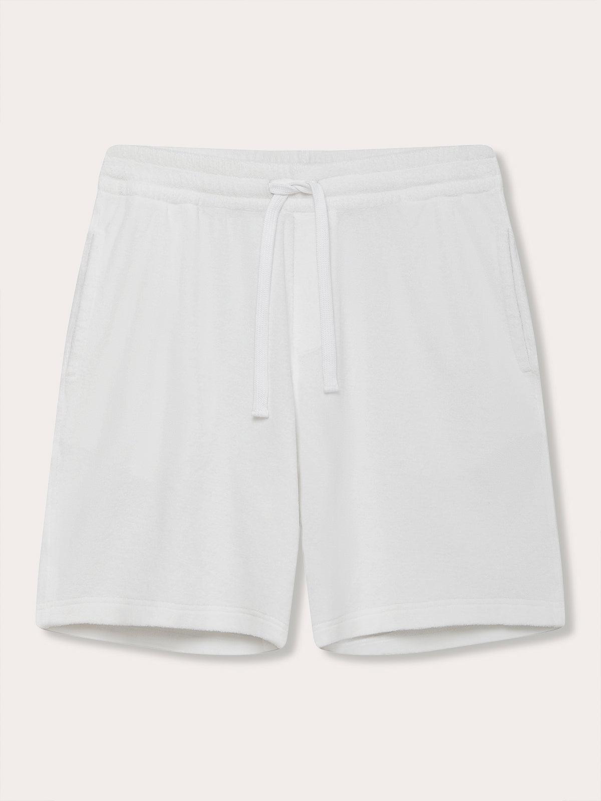 Front view of Men's White Holmes Terry Shorts. 100% cotton white towelling shorts made from terry towelling material.