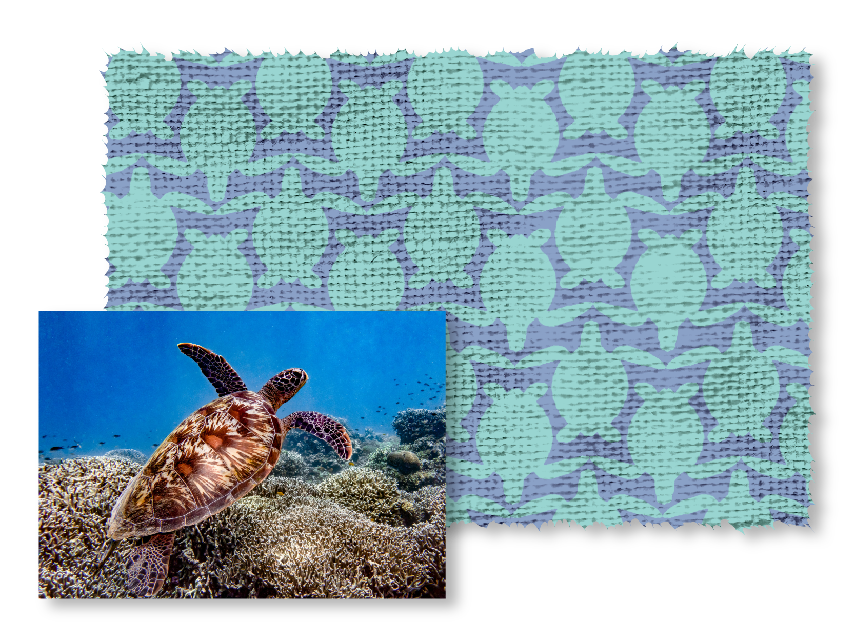 Textile with blue and green turtle pattern and underwater scene of a turtle