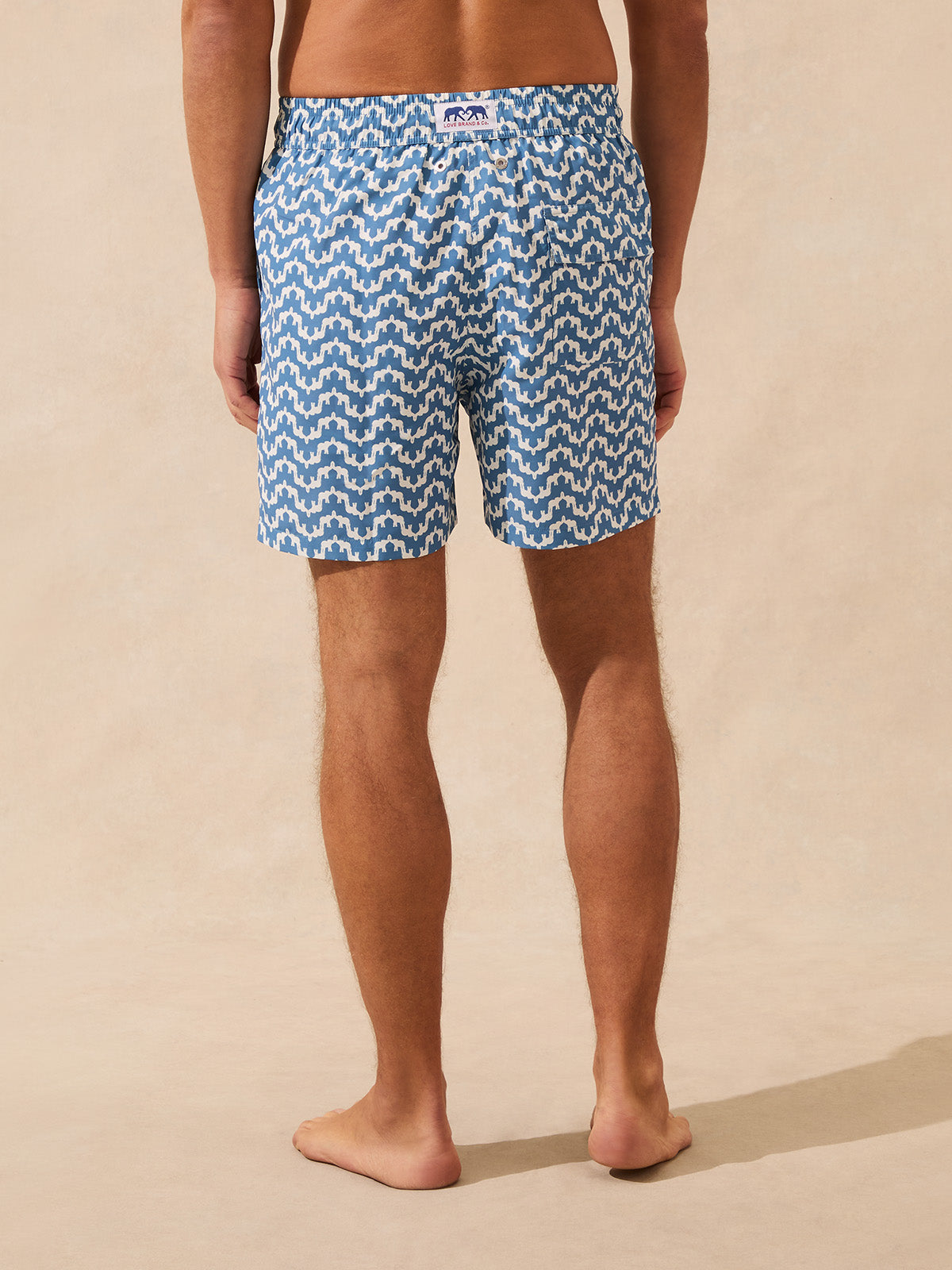 Back view of man wearing blue swim shorts with elephant pattern