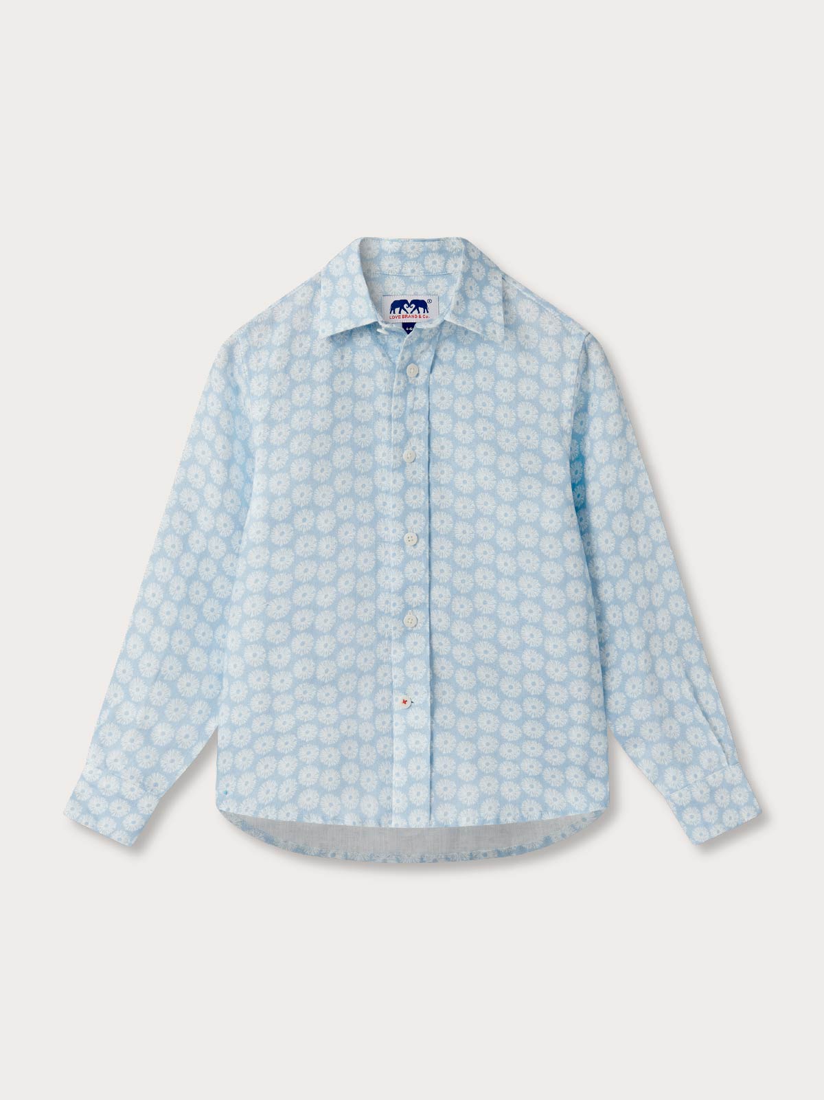 Kids blue and white linen shirt with coral pattern.