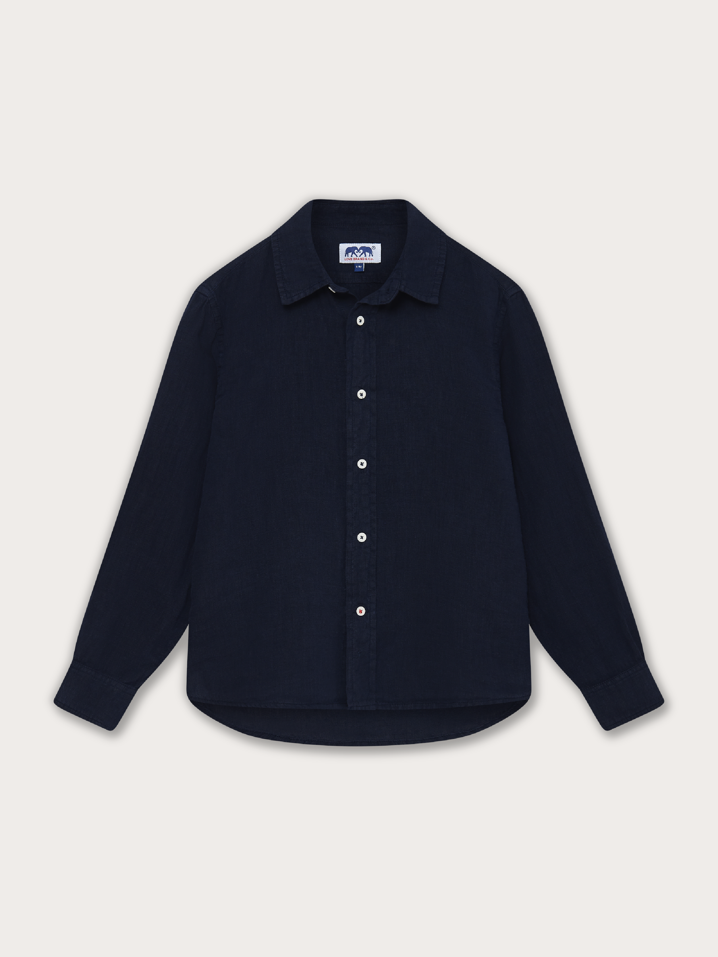 Front view of a navy blue kids linen shirt. Image shows a navy blue long sleeved shirt with front button-up design.