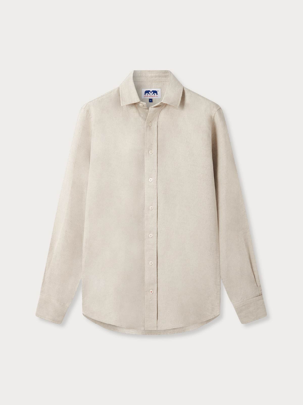Front view of ecru mens linen shirt with long sleeves, classic collar and button-up front.
