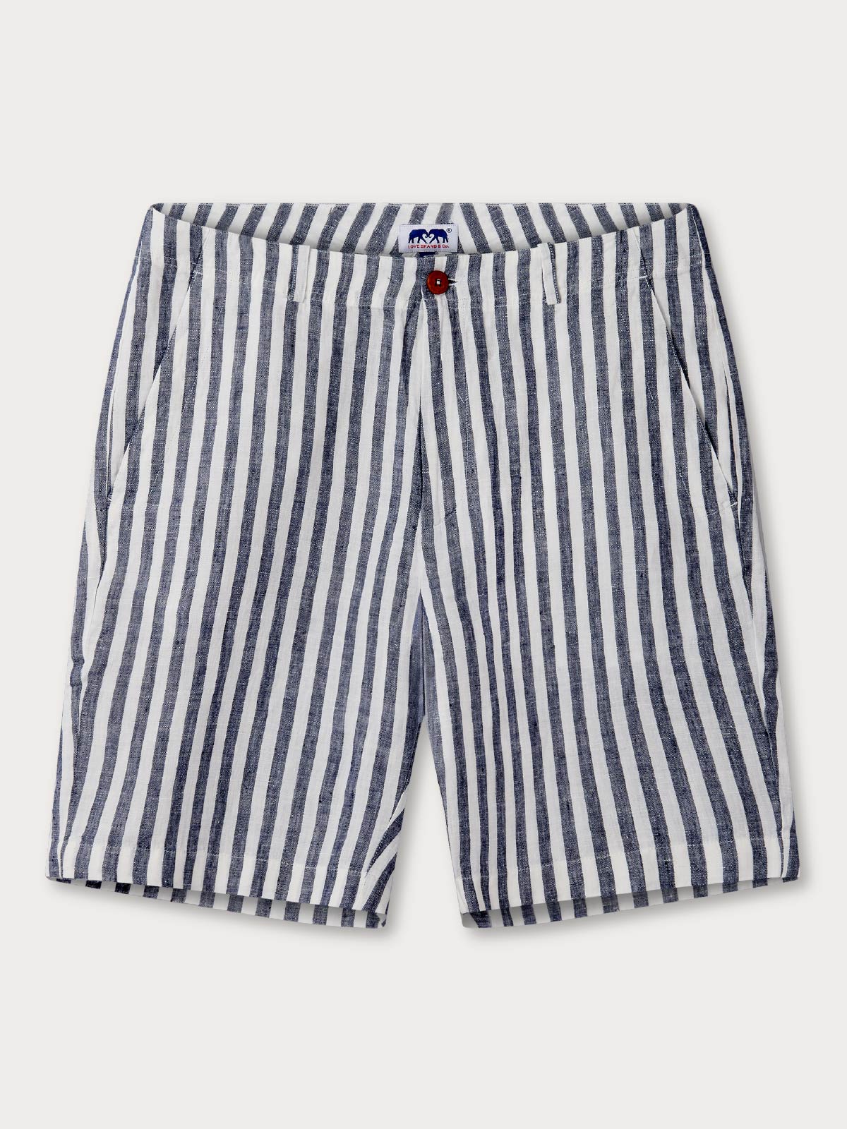 Striped navy shorts with pockets on light background