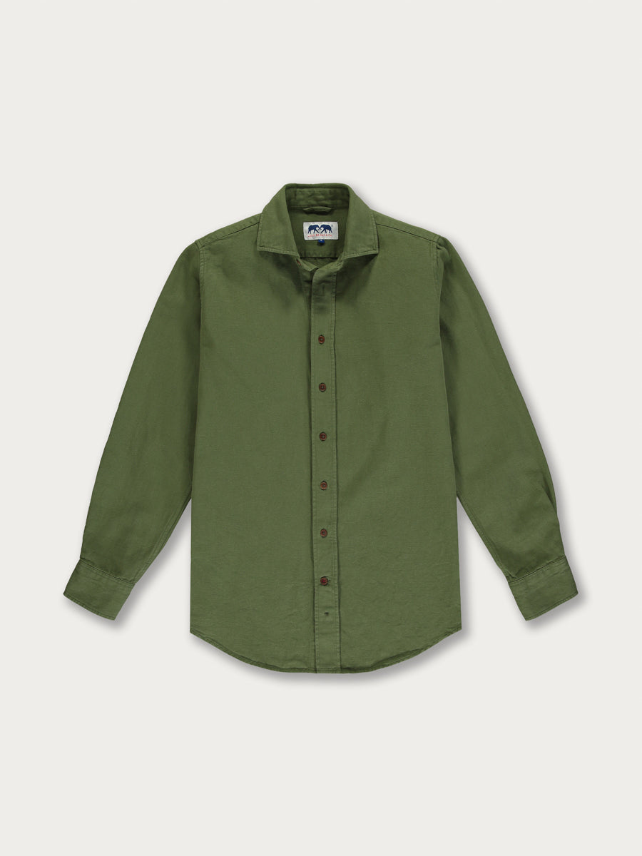 Men's Olive Atwood Cotton Shirt with folded long sleeves and button-down front, inspired by Mediterranean style.