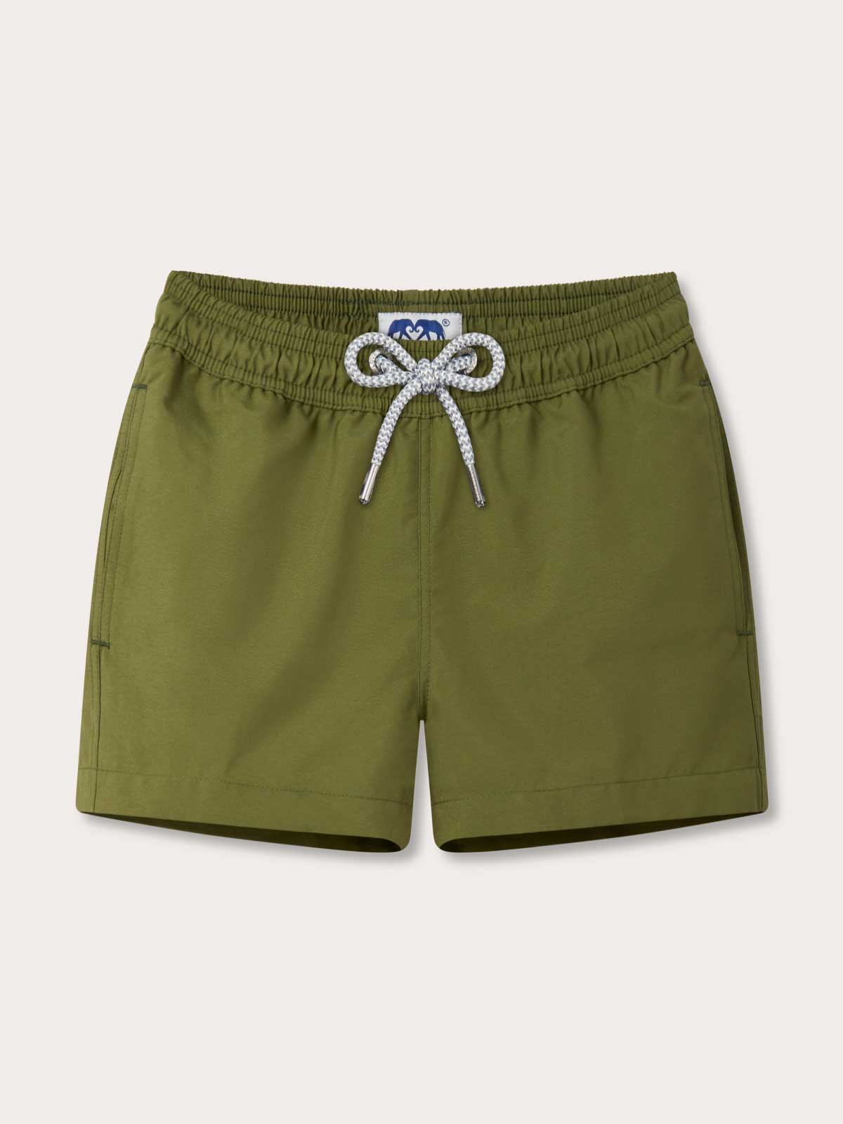 Front view of Boys Olive Green Staniel Swim Shorts. Kids green swimming trunks by Love Brand with drawstring waist and pockets.