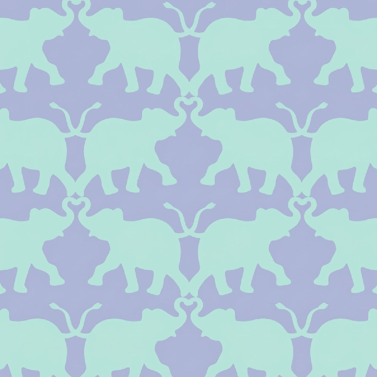A repeating pattern of elephant silhouettes in a pale mint green on a blue background.