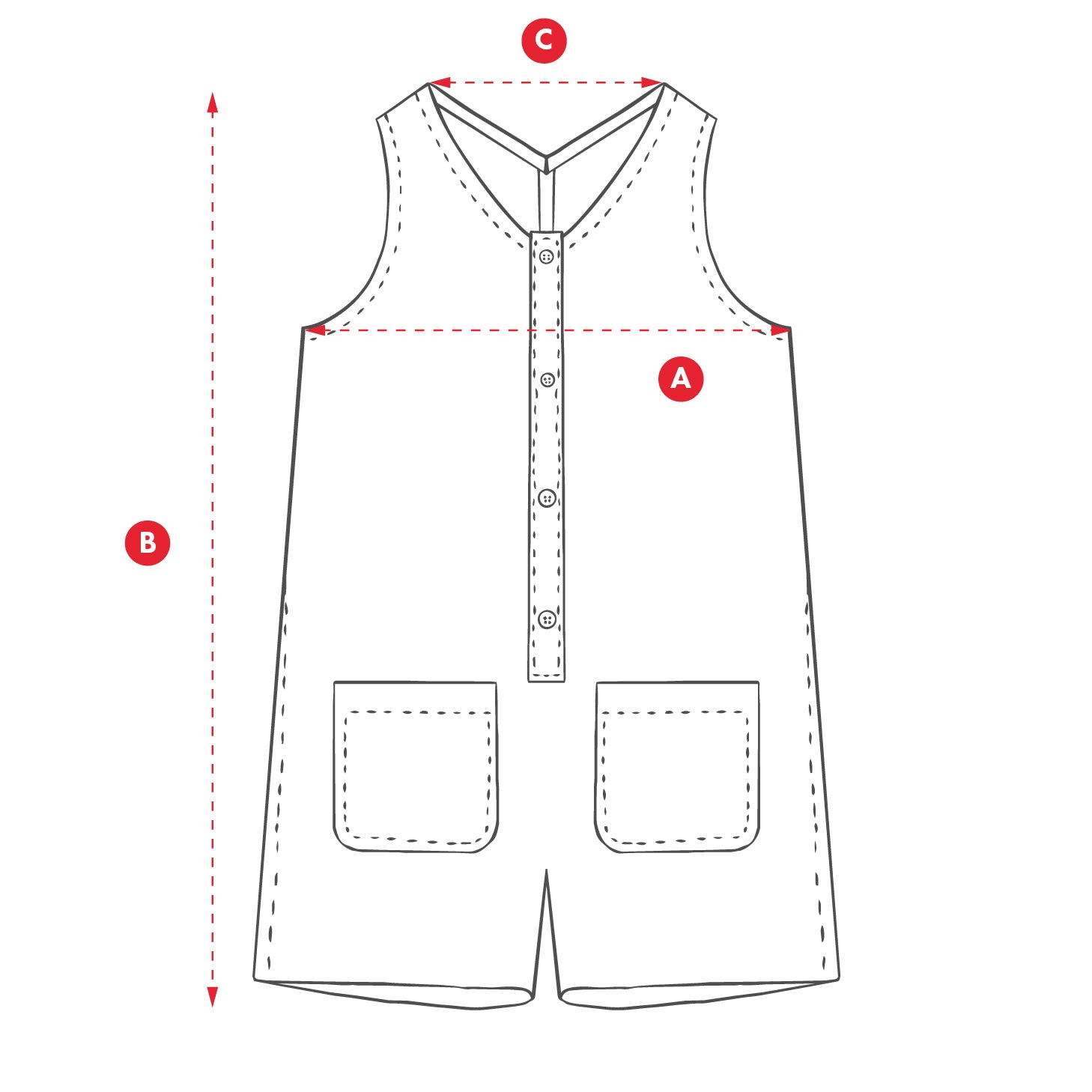 Outline of a children's romper with labeled measurements