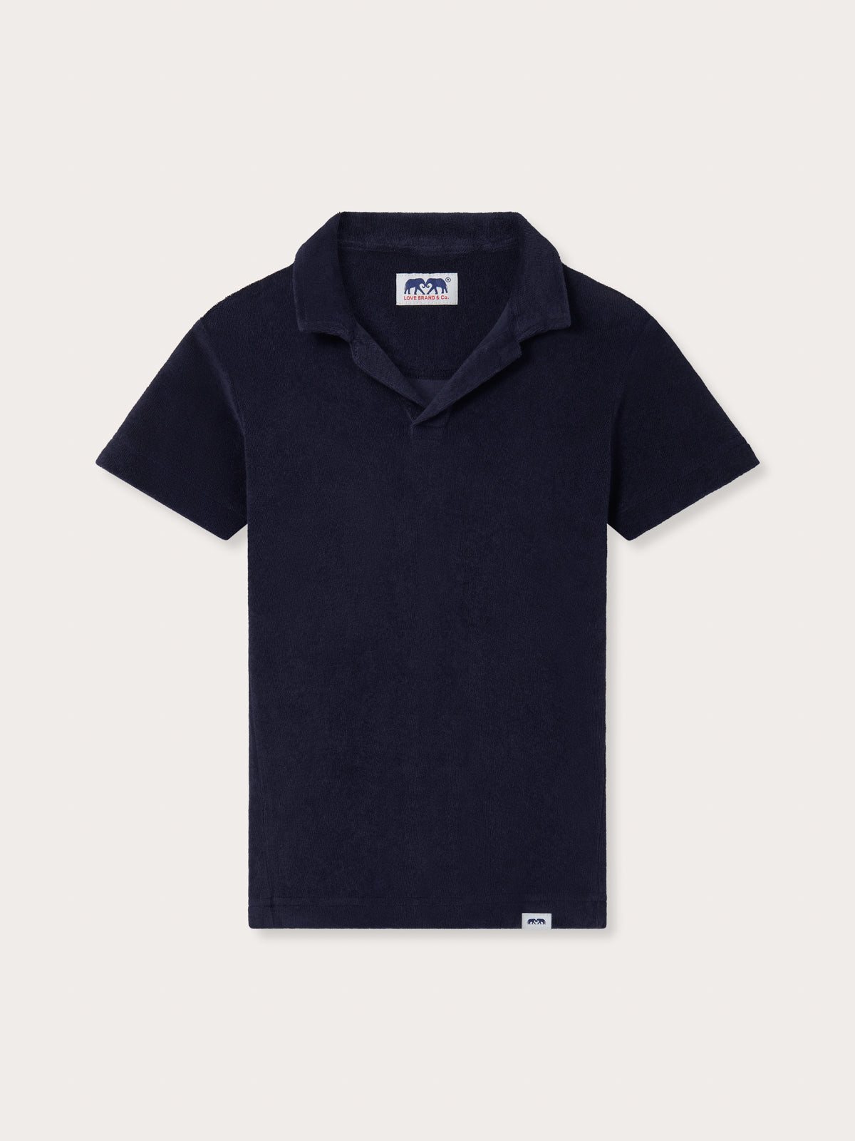 Front view of Kids Navy Blue Powell Terry Polo. Terry towelling blue shirt for kids.