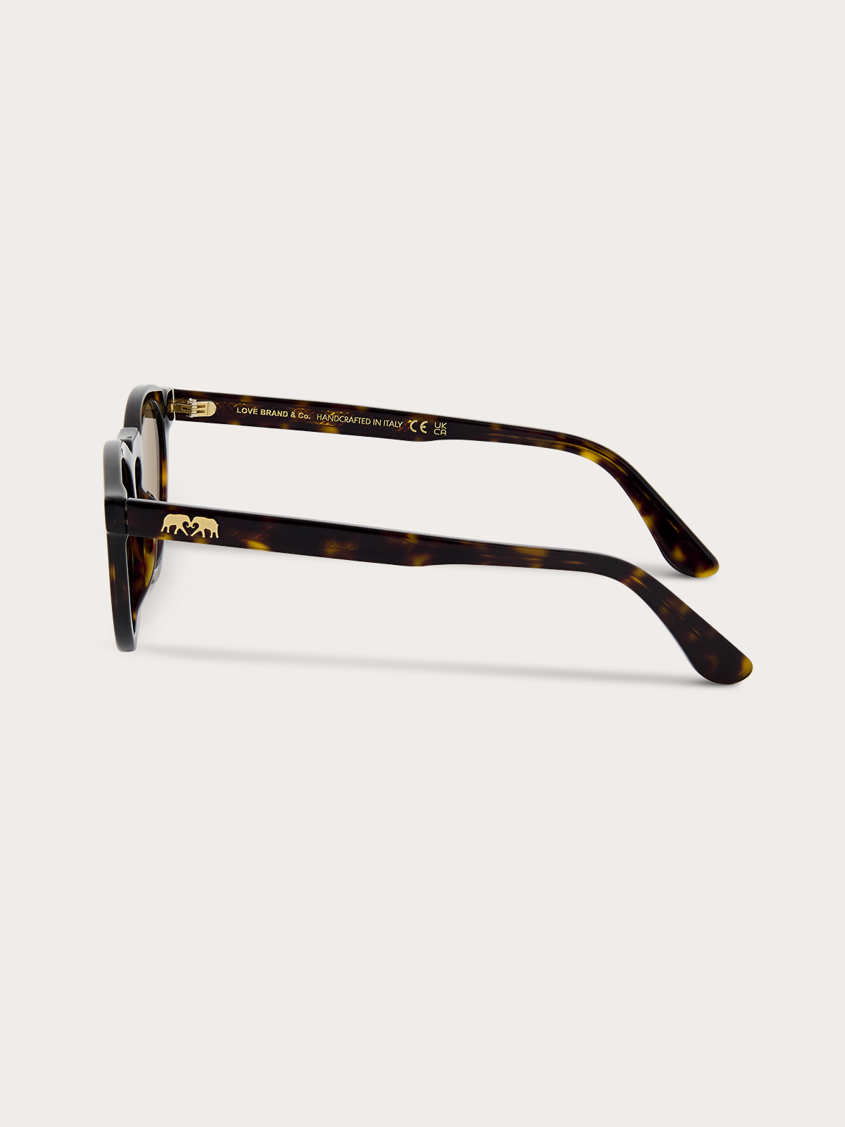Sideview of tortoiseshell sunglasses with gold accents on a white background