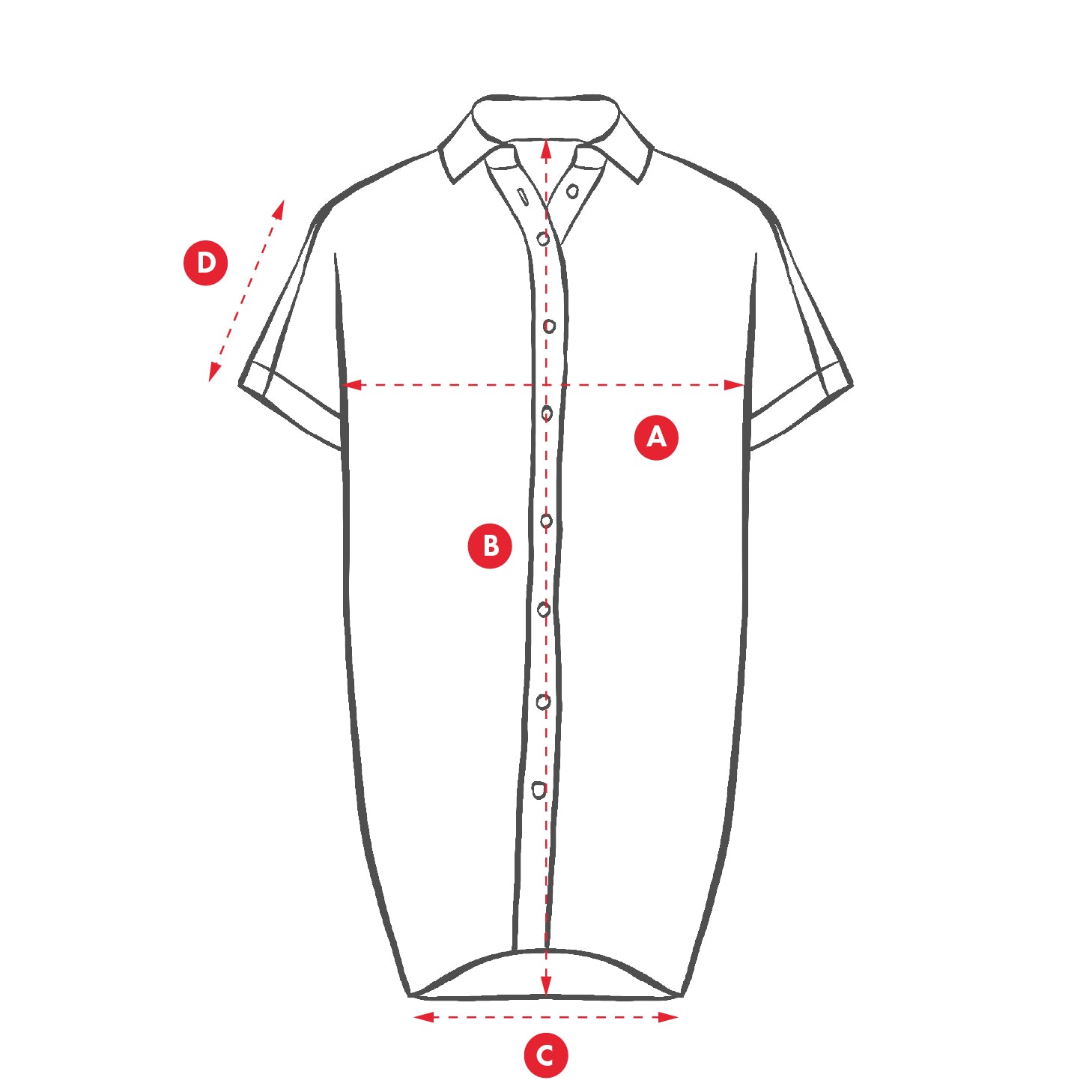 Measurement chart of a women's shirt dress with labeled measurements