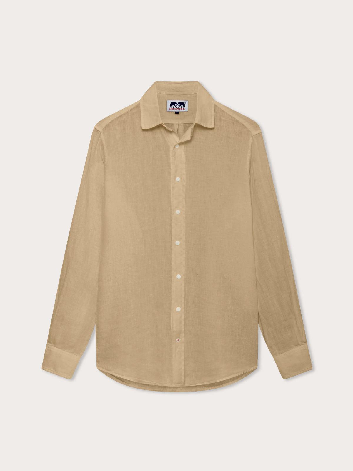 Front view of Men's Coconut Abaco Linen Shirt. Long sleeved brown 100% linen shirt.