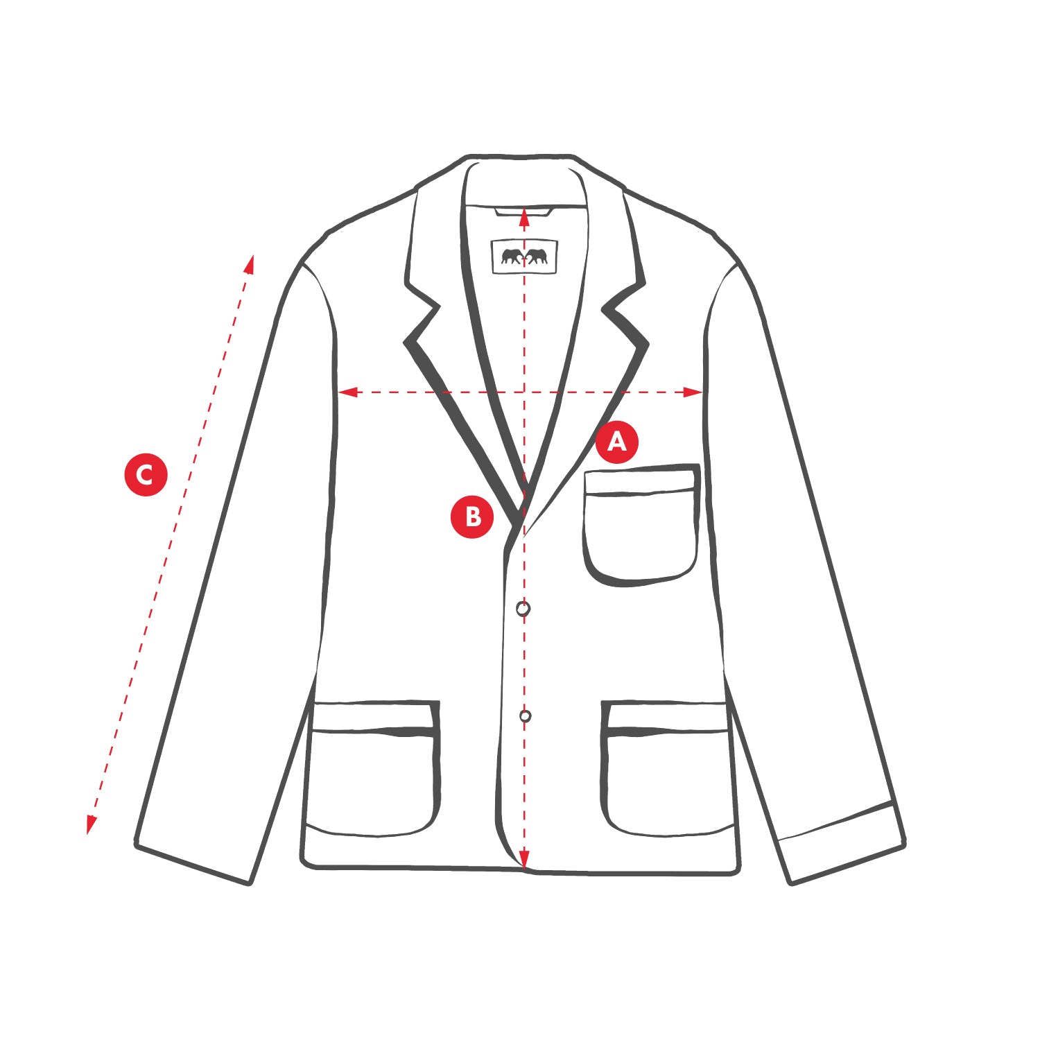 Measurement chart for a linen jacket with labeled points and arrows.