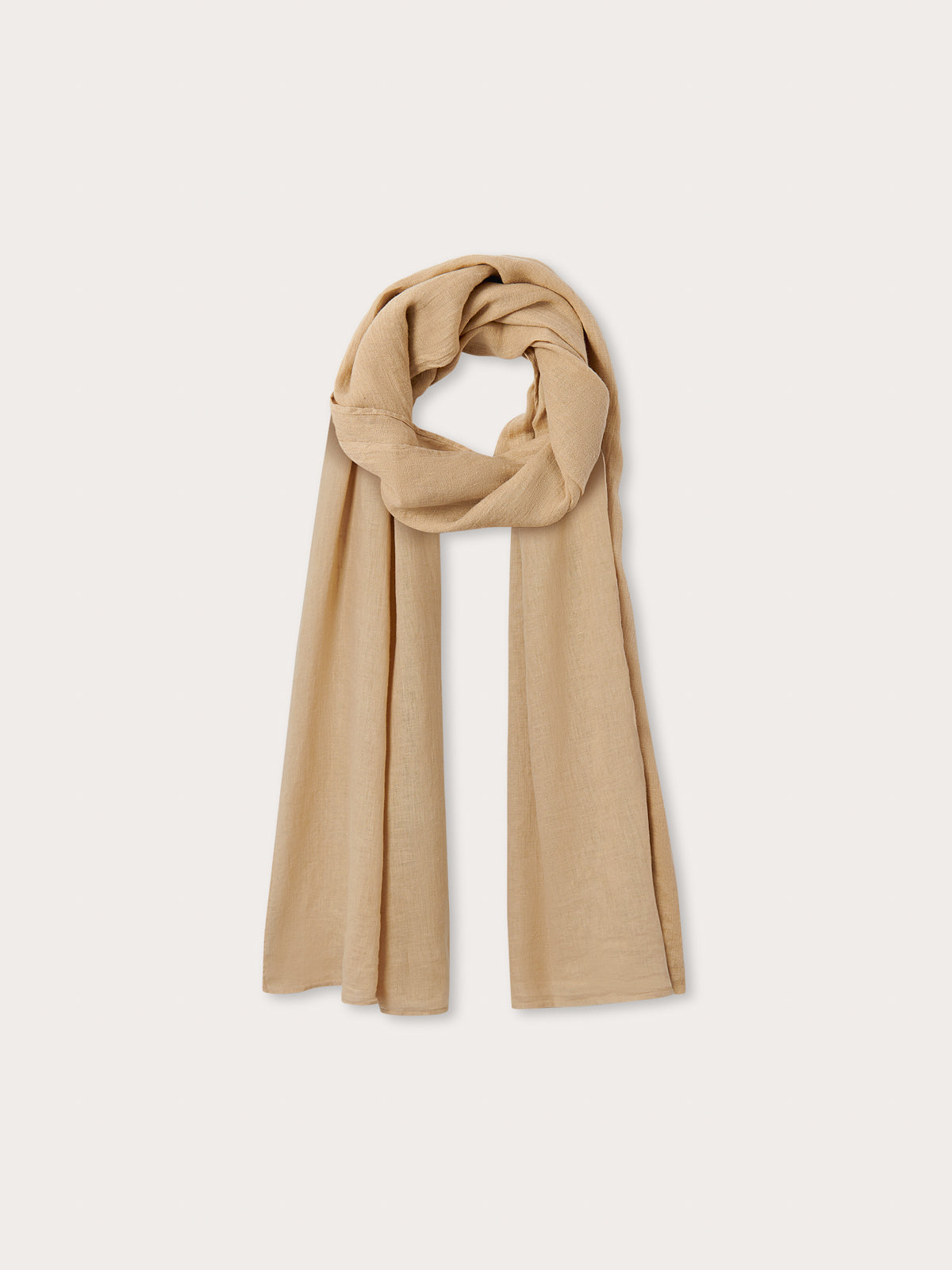 Front view of Womens Coconut Yuma Linen Scarf. Brown scarf made from 100% linen fabric.