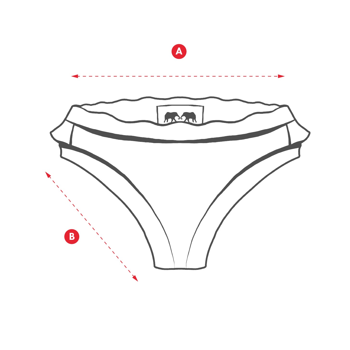 Line drawing of girls bikini bottoms with labeled dimensions on a white background