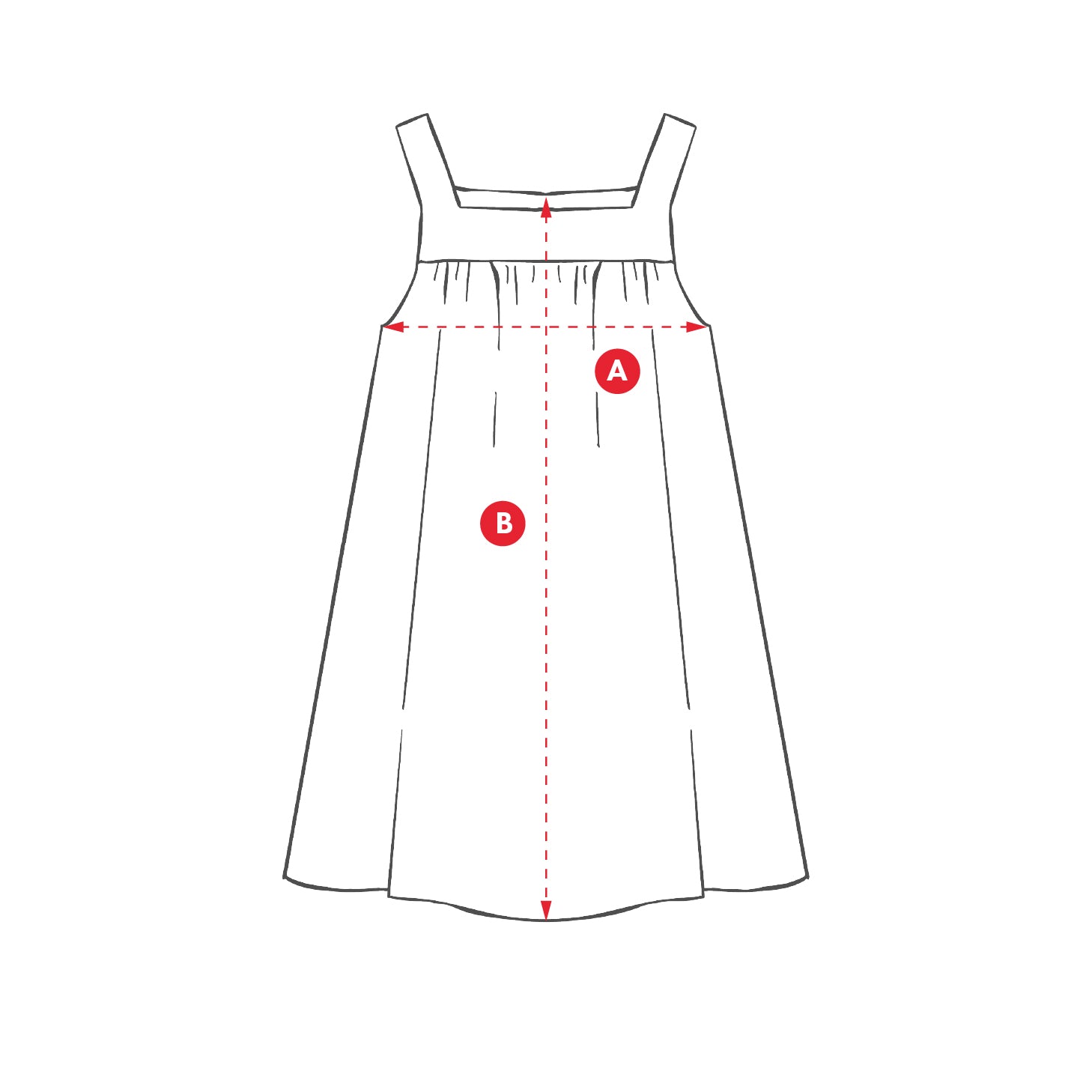 Measurement diagram of a kids dress with labels