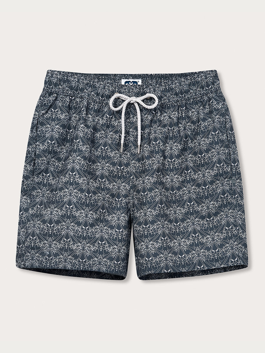 Men's swim shorts in a slate grey color with a geometric palm tree pattern.
